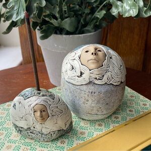 Incense Burners Handcrafted Porcelain Ceramic Art with Faces EUC